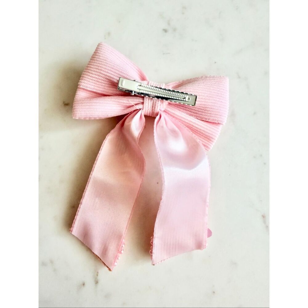 Light pink Pearl Floral Ribbon Hair Bow Clip | Romantic Bridal Coquette - Picture 4 of 5